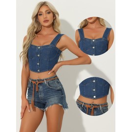 Allegra K Women's Denim Corset Tops Sleeveless Bustier Jeans Crop Tank Top with Button Down, darkblue