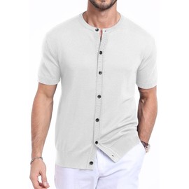 YTD Men's Short Sleeve Knit Polo Shirts Vintage Lightweight Breathable Button Down Cardigan Golf Shirts M White