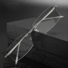 krlanhx Men's Lightweight Rimless Reading Glasses Blue Light Blocking Bevelled Lens Silver Al-Mg Eyewear (Silver, 0, Diopters)