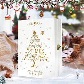 Wooden Christmas Advent Calendar Book with Timer, 6 Hours On and 18 Hours Off，Christmas 24 Drawer Countdown with Reindeer Snow Forest Scene, 16.5in 2AAA Battery Powered Functional Gift Storage for Kid