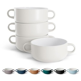 Kook Soup Crocks, Ceramic Bowls, Broil, Oven, Microwave and Dishwasher Safe, with Handles, For Casserole, Pasta, Cereal, 18 oz, Set of 4 (Coconut White)