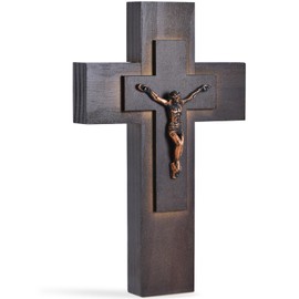 Wall Wooden Cross Christian Wooden Cross Religious gift that can stand on a table or hang on a wall with hooks,with Copper-colored Jesus,suitable for church home decoration,9 inches(Walnut color)
