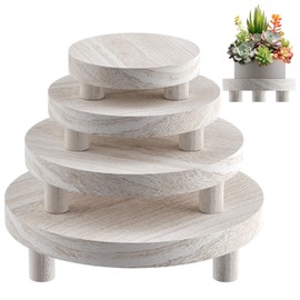 Wood Plant Stand Indoor Outdoor, 12/10/8/6" Round Wood Riser for Decor Wooden Stool Display Stand Flower Pot Holder Small Planter Tray Modern Potter Decorative for Desktop Counter Room (Washed White-4pcs)