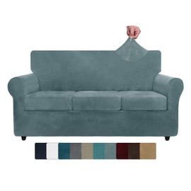 ZNSAYOTX Luxury Velvet Couch Cover 4 Piece Stretch Oversized Sofa Covers for 3 Cushion Couch Thick Soft Large Sofa Slipcover Anti Slip Dogs Pet Furnitre Protector (Stone Blue, XL Sofa)