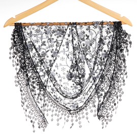 Lystaii Triangle Lace Mantilla Veil with Tassel Tulle Scarf Shawl Cathedral Head Covering Floral Chapel Veil for Mass Wedding (Black)