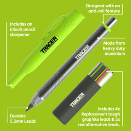 Tracer Pro Series Tough Metal Construction Pencil with 6 x Replacement Lead Pack and Site Holsters. All-in-one Aluminium Construction Marking Kit