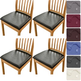 HFCNMY Seat Covers for Dining Chairs, Stretch Waterproof PU Dining Chair Seat Covers Set of 4, Removable Dining Room Chair Seat Covers Washable Kitchen Chair Seat Covers with Elastic Bands (Black)