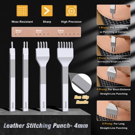 MORFEN 56Pcs Leather Stitching Punch Kit, Sewing Kit with 4mm Prong Sewing Hole Punch Waxed Thread Hand Sewing Stitching Needles Leatherworking Tools for Beginners DIY Leather Crafting