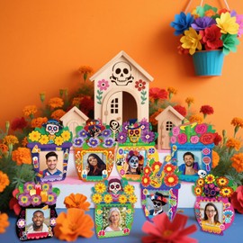 Day Of The Dead Photo Frame - Day Of The Dead DIY Paper Photo Frames Set Mexican Sugar Skull Flower Stickers Picture Frames, for Day Of The Dead Wall Hanging Decor or Tabletop Display Mexican Fiesta
