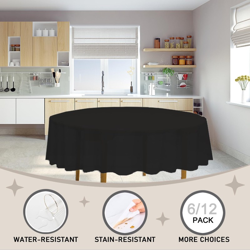 D&Z Plastic Table Cloth Disposable, 6 Pack Black Round Tablecloth