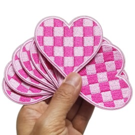 FSFYXHC Set of 12 Pink Checkered Flag Heart Western Cowgirl Southwest Iron On Embroidered Patches Appliques Machine Embroidery Jacket Denim Jeans Shirt Trucker Hat Cap Patch 2.5"x2.3"
