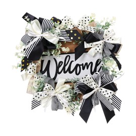 Wreath for Front Door with Layered Ribbons Bows in Black and White, Welcome Sign for Front Door, Neutral Farmhouse Welcome Year Round Wreath Door Décor, Door Hanger Decoration Porch Décor Home Décor