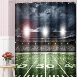Ssddyes Bath Shower Curtain Set with 12 Hooks, American Football Stadium Field, Bathroom Decor USA Soccer Ball Sport Game Themed Cloud Waterproof Polyester Bathing Curtain 72x72 Inches