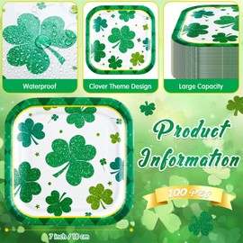 Sunnychicc 100 Pcs St. Patrick's Day Green Dessert Plates Lucky Shamrock Square Disposable Plates Green 7 Inch Paper Dinner Plates for Irish Festival Holiday Party Favors Supplies(Classic Style)