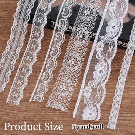 letsinstyle 30 Yards White Lace Ribbons, Vintage Lace Trims Crochet Ribbon with Assorted Pattern for Sewing, Scalloped Edge Trim for Wedding Dress Decoration Sewing Crafts, 5 Yards Each, 6 Styles