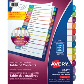 AVERY Ready Index Customizable Table of Contents Bilingual Month Dividers for Laser and Inkjet Printers, Multi-Colour, Jan-Dec Tab, 1 Set (11847)