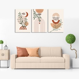 AIRCS Framed Canvas Boho Wall Art Set of 3, 12x16inch, Boho Wall Decor, Mid Century Modern Wall Art Abstract Geometric Minimalist Art Prints Black Beige Boho Artwork For Living Room Bathroom