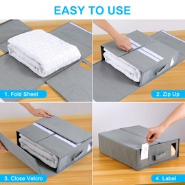 IKOLYS Bed Sheet Set Organizer (Queen or King Size) 4 Packs, Foldable Storage Bins for Duvet Covers, Fabric Zipper Closet Organizers and Storage, Bedding Organizer for Blankets, Clothes - Grey