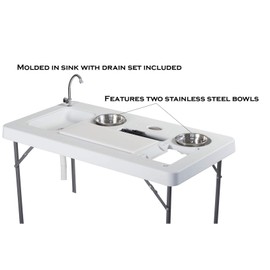 Old Cedar Outfitters Deluxe Fish Fillet Table, or Portable Folding Camping Kitchen with Cutting Board, Bowls, Knife, Odor Bar, Sink, Drain and More! 49.8" x 25.6" x 37.2", White,Camp