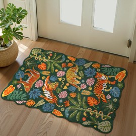 LEEVAN Washable Tiger Rug 2x3 Bathroom Rugs Non Slip Scalloped Green Entryway Mat Leopard Front Door Mat Low Pile Rug Pad for Porch Soft Jungle Laundry Mat