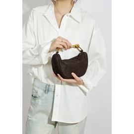 2025 Woven Straw Evening Clutch Bag Women Summer Satchel Purse Chain Cross Body Golden Color Handle Beach Wedding, Coffee