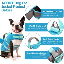 AOFITEE Dog Life Jacket XS, Puppy Life Jackets for Swimming Boating, Reflective Doggie Swimming Vest with High Buoyancy, Shark Pet Life Preserver for Chihuahua, Yorkshire Terrier (Blue,XS)