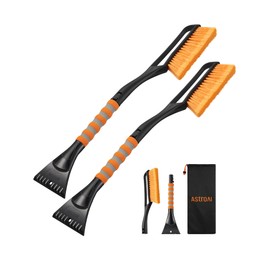 AstroAI 2 Pack 27" Snow Brush and Ice Scrapers for Car Windshield, Detachable Snow Scrapers with Ergonomic Foam Grip for Cars, Trucks, SUVs (Heavy Duty ABS, PVC Brush, Orange)