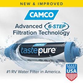Camco Tastepure RV Water Filter - Advanced RV Inline Water Filter with Flexible Hose Protector - GAC & KDF Filtration - Made in USA - Camping Essentials for Fresh Drinking Water (40043)