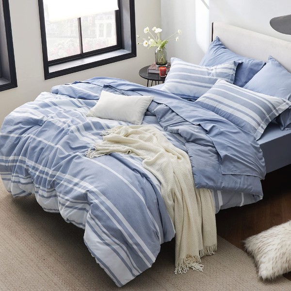 Bedsure California King Comforter Set 7 Pieces, Blue Striped Bedding