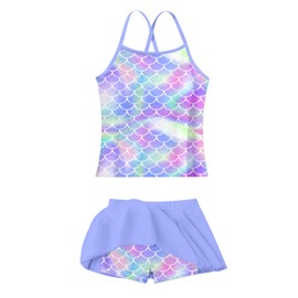 ACOCOPY Girls Swimsuits Two Piece Quick Dry Rashguard Sets Sleeveless Fashion Fish Scales Tankini Swimwear with Shorts&Skirt Size 9-10