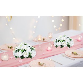 BLOSMON Flower Balls Wedding Rose Centerpieces: 2 Pcs Fake Flowers with Base White Kissing Balls Decor White Artificial Floral Arrangements Flower Bouquet of Roses Home Party Table DIY Decorations