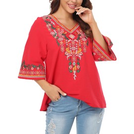 YZXDORWJ Women's V Neck Embroidered Mexican Peasant Blouse (1706R, XXL)