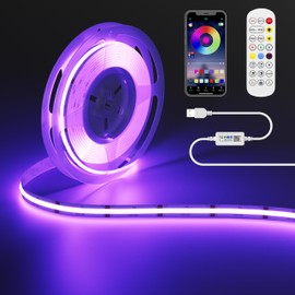 OULARA 5 V USB RGB COB LED Strip 1 m with Bluetooth Smart App Controller, Colour-Changing RGB Strip Light with 600 LEDs/M, Multicoloured Flexible LED Strip for TV, Bedroom, Party, DIY Decoration