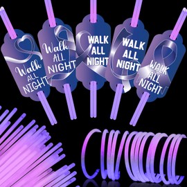 MiniInflat 50 Sets Purple Ribbon Awareness Glow Sticks with Cards Include 50 Pcs Walk All Night Cards 100 Pcs Glow in The Dark Sticks for Domestic Violence Party Favors Benefit Dinners