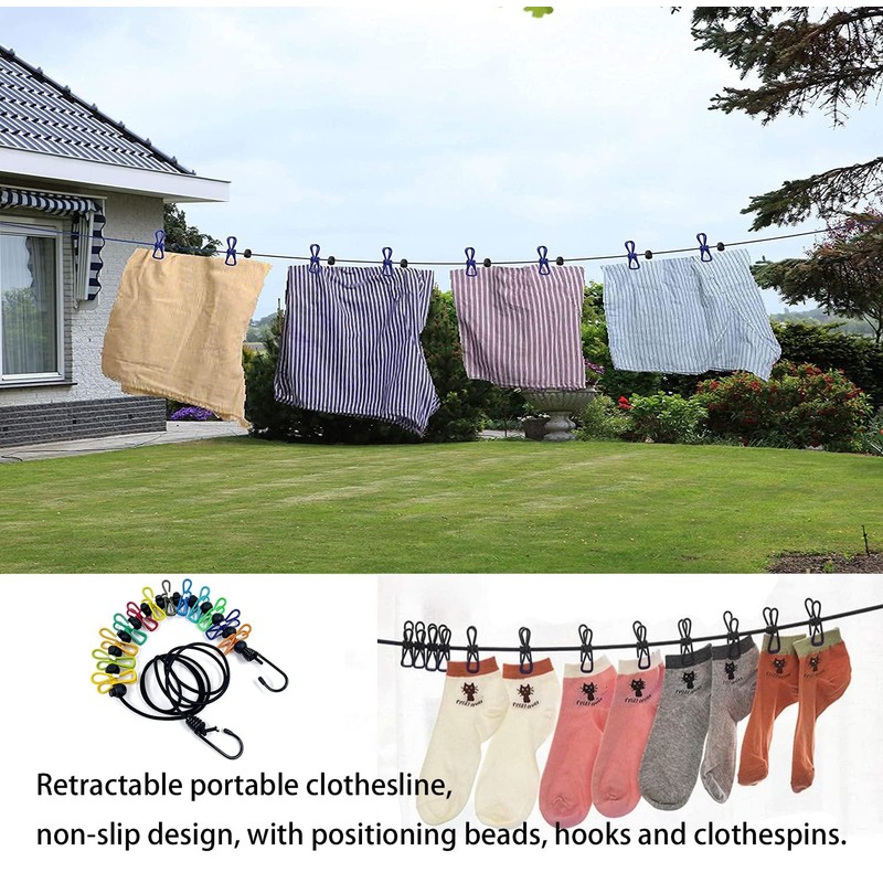 BUYLONG Retractable Portable Clothesline for Travel，Clothing line with 12 Clothes