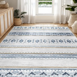 BESTSWEETIE 8x10 Area Rug for Living Room Washable Rug Moroccan Farmhouse Neutral Geometric Soft Low Pile Non-Slip Water Repellent Rug for Dining Room Bedroom Blue/Brown