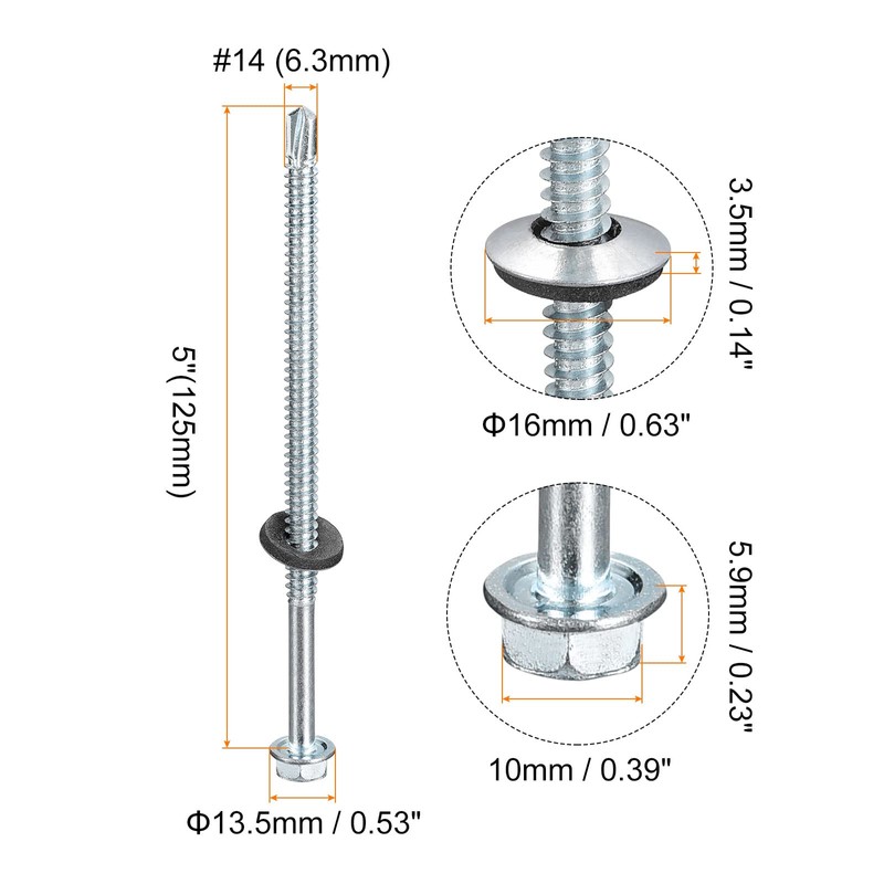 uxcell #14 x 5 Self Drilling Screws with Rubber Washer,