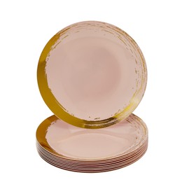SILVER SPOONS Gold Brush Stroke Rimmed Plastic Dessert Plates for Party (10 PC) Heavy Duty Disposable Dinner Set 7.5", Fine China Look Dishes for Baby Showers, Celebrations & Events - Blush