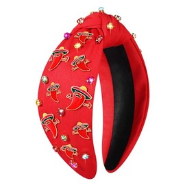 boderier Cinco De Mayo Headband Fiesta Sombrero Chili Headband Crystal Jeweled Knotted Headband Mexican Holiday Headband Hair Accessories Decorations Gifts Chili Red