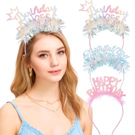 OAOLEER 3PCS Happy Birthday Headband for Girls Women, Pink White Girl Headband Party Crown Tiara Hair Accessories for Birthday Decorations