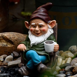 7.2 Inch Drinking Coffee Garden Gnome Statue, Outdoor Funny Rocking Chair Drinking Coffee Figurine Gnomes Decorations for Home Garden Patio Yard Lawn