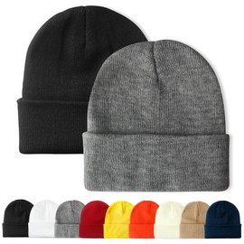 PFFY PFFY 2 Packs Unisex Beanie Hats for Men Women Knit Winter Beanies Black+Gray