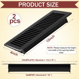 Retisee 2 Pcs 4" x 12" Floor Register Vent Covers Heavy Duty Steel Walkable Floor Vents with Adjustable Airflow Curved Safe Edges and Rust Proof Finish for Homefloor Sidewall (Black)
