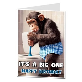 LimaLima Funny Birthday Card – It’s a Big One Toilet Plunger Chimp Design – Hilarious Adult Humor Card for Men or Women – Gag Birthday Card for Friends or Coworkers
