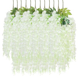12 Pack Wisteria Hanging Flowers, 45 in /3.7ft Artificial Vine Hanging Flowers for Decoration, Fake Long Rattan Hanging Garland Silk Flowers String for Wedding, Garden, Bedroom, Home Decor - White