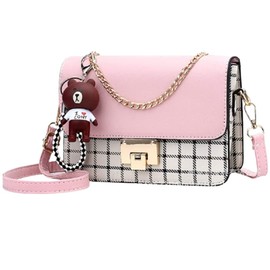 ORIJIRI Shoulder Bag, Girls, Wallet, Pochette, Women's, Cross-Body Style, Cute, Chain, PU Leather (Pink Check Pattern)