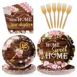 Grencian 96 Pcs House Warming Party Decorations House Warming Decoration Plates and Napkins Rustic Floral Plates Home Sweet Home Tableware Set for Welcome Home New Home Party Supplies
