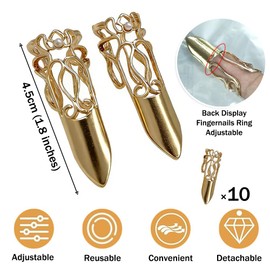 Ouliget Adjustable Fingernails,Middle Ages Court Style Queen Fingernail, Reusable Detachable Women Gift Ring Set,Cosplay Costume Drama Dance Show,10 Pieces