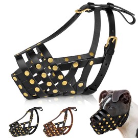 OOPSDOGGY Pitbull Dog Muzzle for Large Dogs - Leather Breathable Safe Basket Muzzle for Medium and Large Breeds, Prevents Biting, No Chewing, Amstaff Staffordshire Terrier (Black,