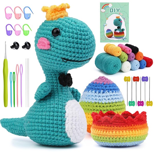 Silkwish Crochet Set for Beginners, Crochet Animals Set, Cartoon Dinosaur Crochet Hook Set, Knitting Set with Crochet Hooks, with Crochet Hooks Yarn 11 Colours, DIY Crochet Packs, Comes with Manual